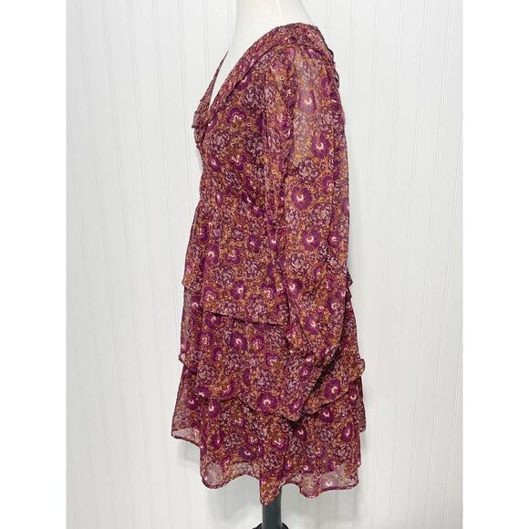 House of Harlow 1960 Batik Print V-Neck Mini Ruffle Tiered Dress Berry 10‎ - Picture 6 of 11